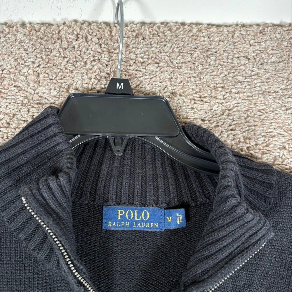 Polo Ralph Lauren Mens Black Cotton Quarter Zip Sweater Purple Pony Size M
